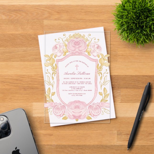 Watercolor Roses Crest Baptism Acrylic Invitations (Insitu (Invitation Card))