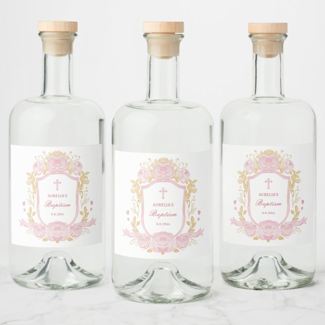 Watercolor Roses Crest Baptism Liquor Labels (Bottles)