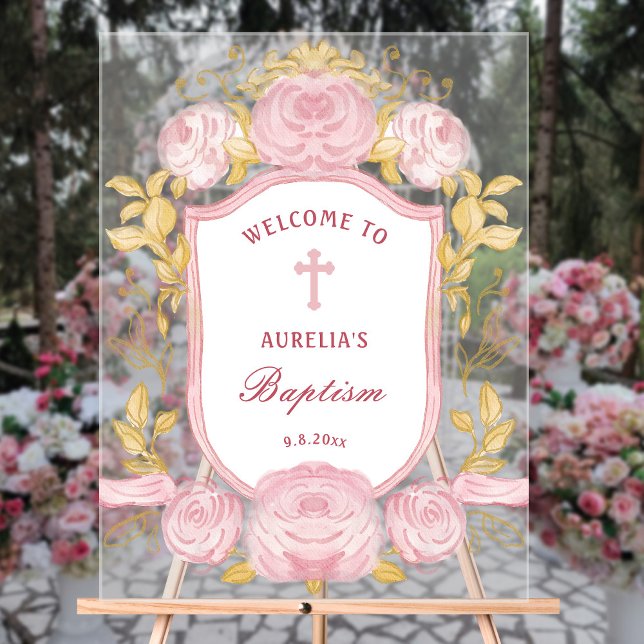 Watercolor Roses Crest Baptism Welcome Acrylic Sign (Creator Uploaded)