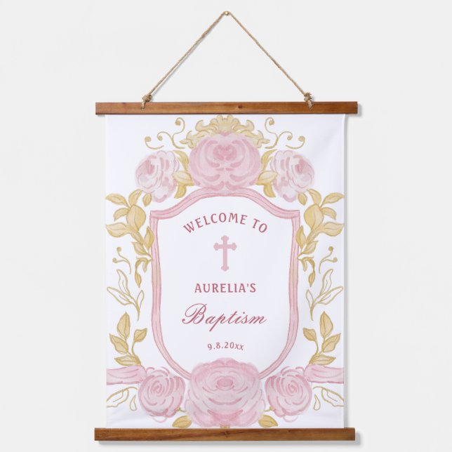 Watercolor Roses Crest Baptism Welcome Hanging Tapestry (Front)