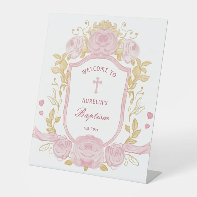 Watercolor Roses Crest Baptism Welcome Pedestal Sign (Front)