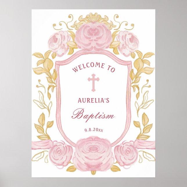 Watercolor Roses Crest Baptism Welcome Poster (Front)