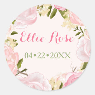 Watercolor Roses Custom Pink Birth Announcement Classic Round Sticker