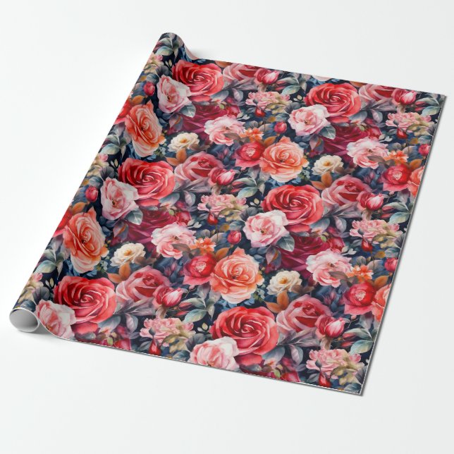Watercolor Roses (Dark) Wrapping Paper (Unrolled)