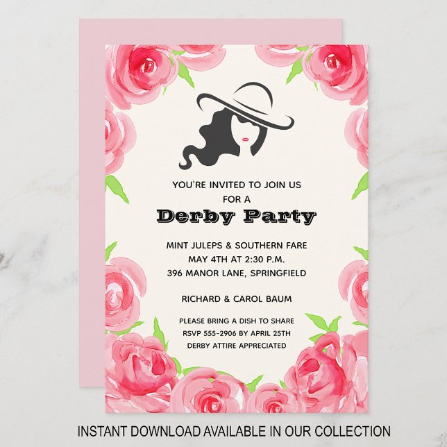 Watercolor Roses Derby Horse Race Party Invitation (INSTANT DOWNLOAD available in our collection to send your invitations digitally.)