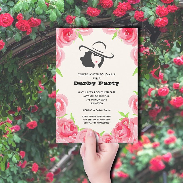 Watercolor Roses Derby Party Invitation (Big Hat Lady and Roses Derby Party Invitations)