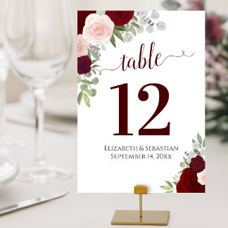 Watercolor Roses Elegant Burgundy Red Wedding Table Number