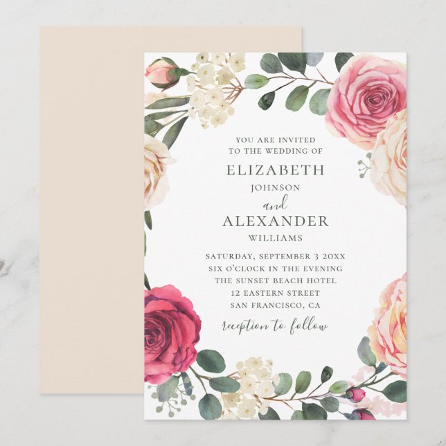 Watercolor roses. Elegant floral greenery wedding  Invitation (Front/Back)