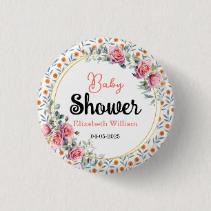 Watercolor Roses & Eucalyptus Baby Shower 3 Cm Round Badge