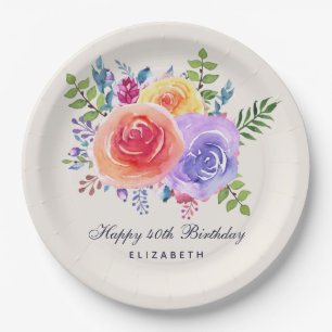 Watercolor Roses Floral Bouquet Birthday Paper Plate