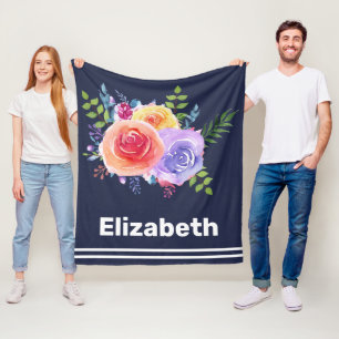 Watercolor Roses Floral Bouquet Fleece Blanket