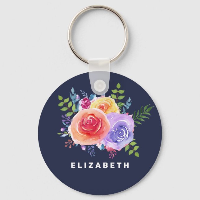 Watercolor Roses Floral Bouquet Key Ring (Front)