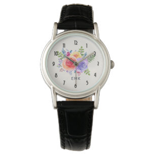 Watercolor Roses Floral Bouquet Monogram Watch
