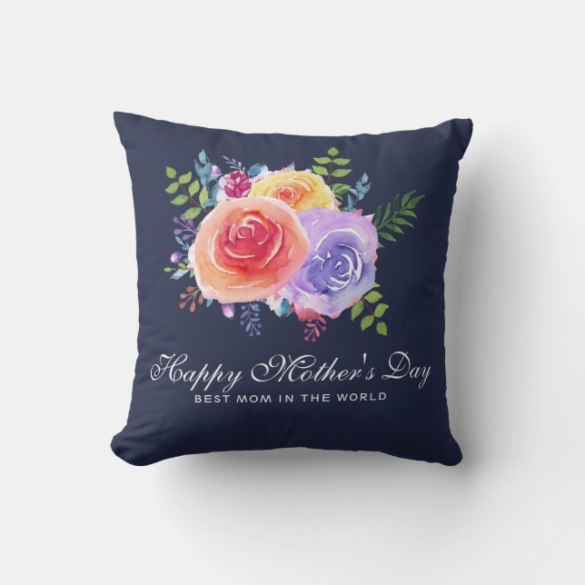 Watercolor Roses Floral Bouquet Mother's Day Cushion (Front)