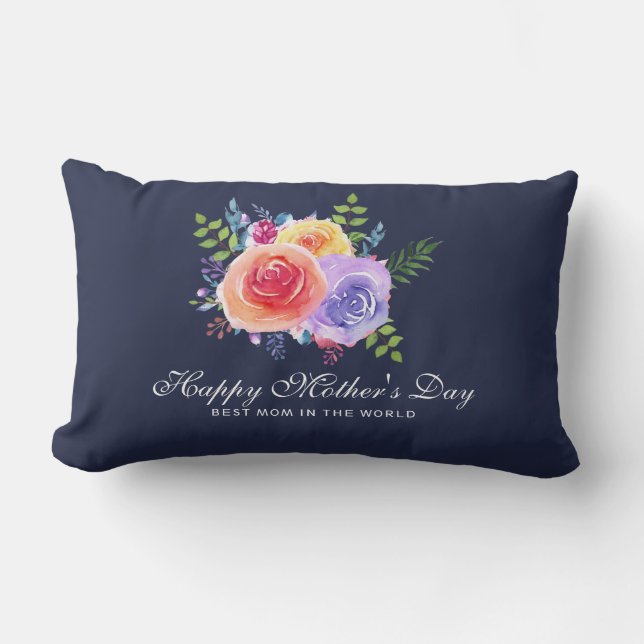 Watercolor Roses Floral Bouquet Mother's Day Lumbar Cushion (Front)