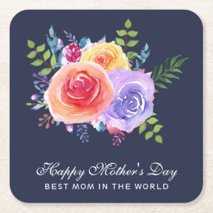 Watercolor Roses Floral Bouquet Mother's Day Square Paper Coaster