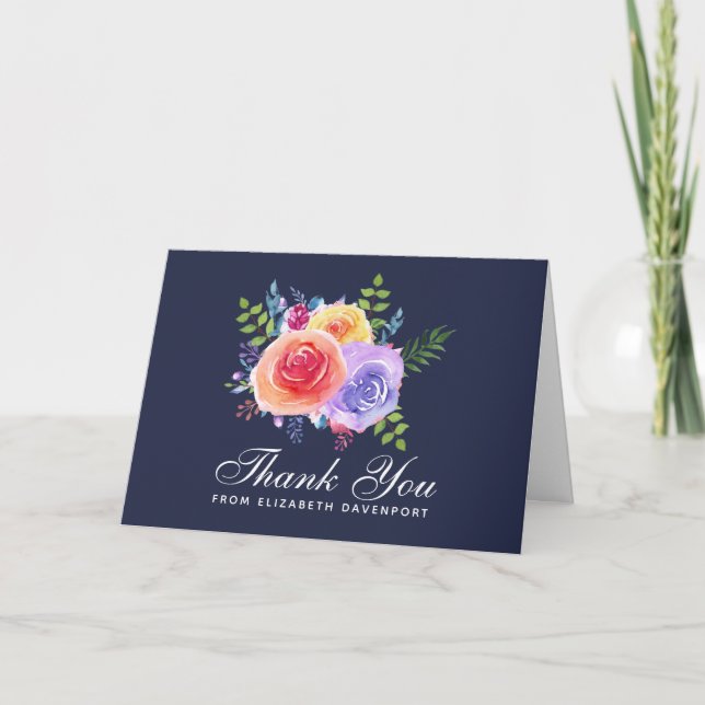 Watercolor Roses Floral Bouquet Party Thank You Card (Front)