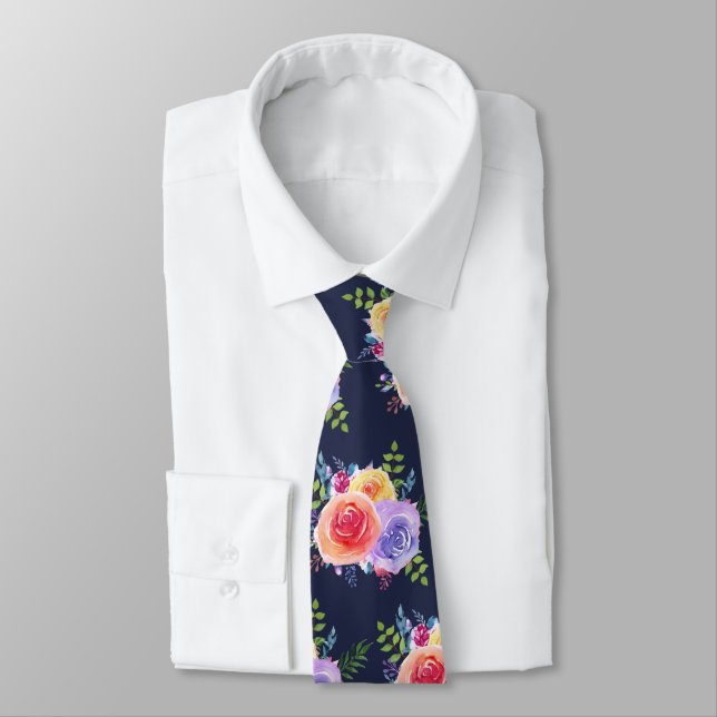 Watercolor Roses Floral Bouquet Pattern Tie (Tied)