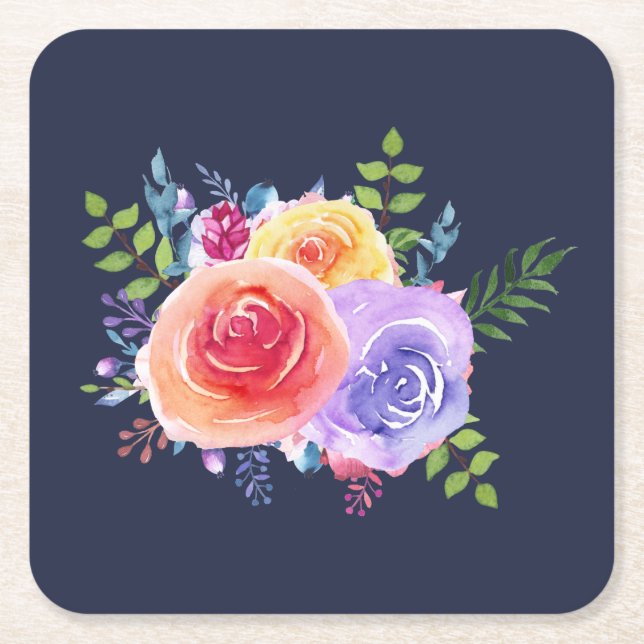 Watercolor Roses Floral Bouquet Square Paper Coaster (Front)