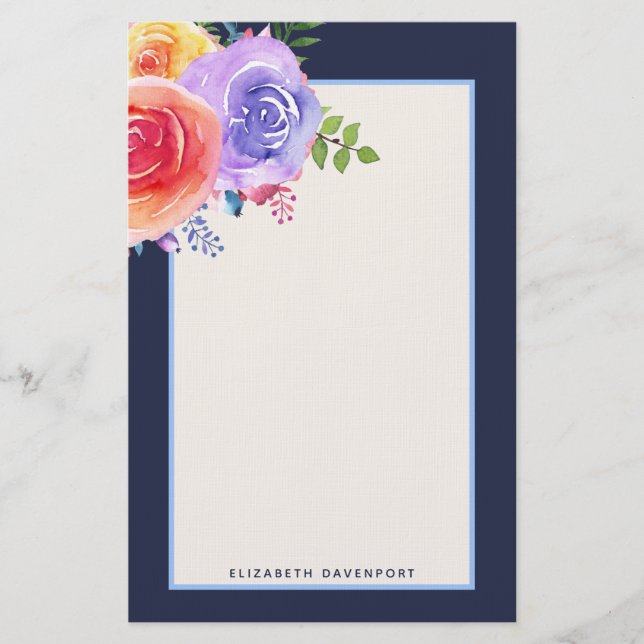 Watercolor Roses Floral Bouquet Stationery (Front)
