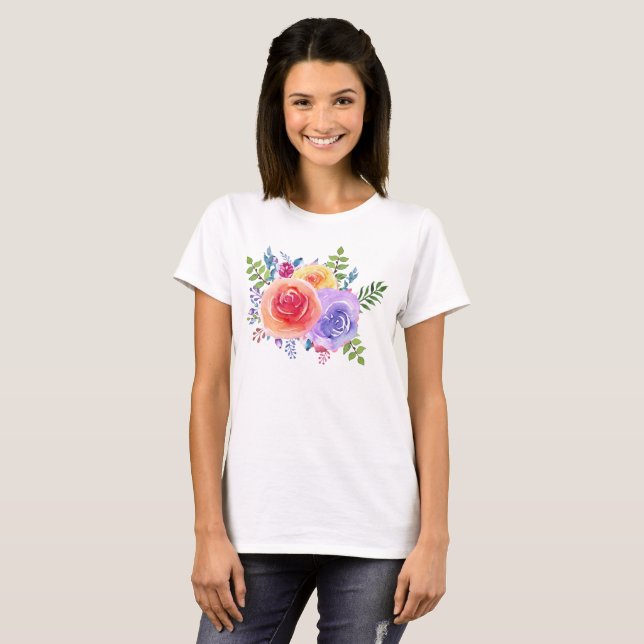 Watercolor Roses Floral Bouquet T-Shirt (Front Full)