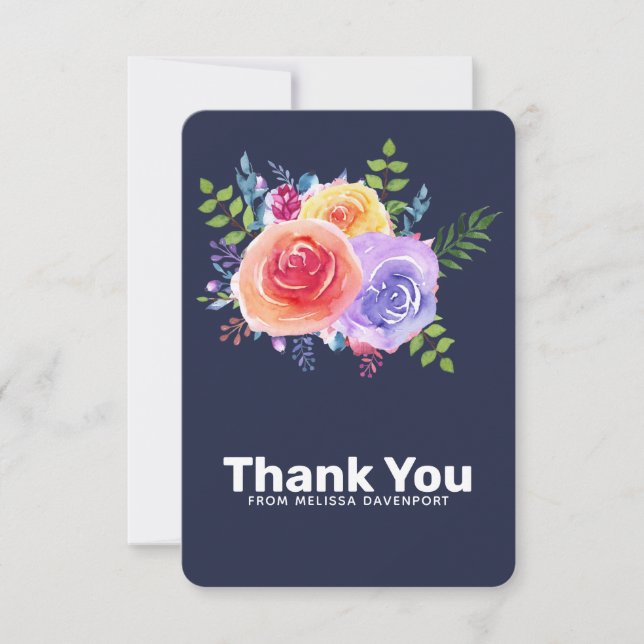 Watercolor Roses Floral Bouquet Thank You Card (Front)