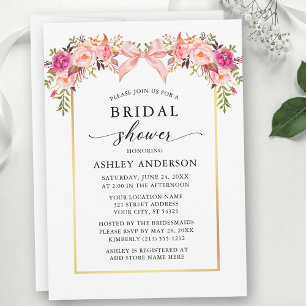 Watercolor Roses Floral Bridal Shower Pink Bow Invitation