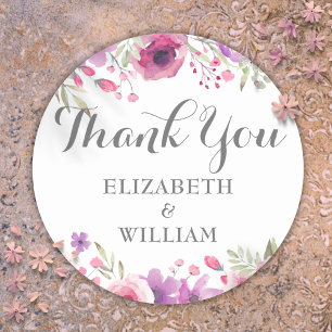 Watercolor Roses Floral Greenery Thank You Classic Round Sticker