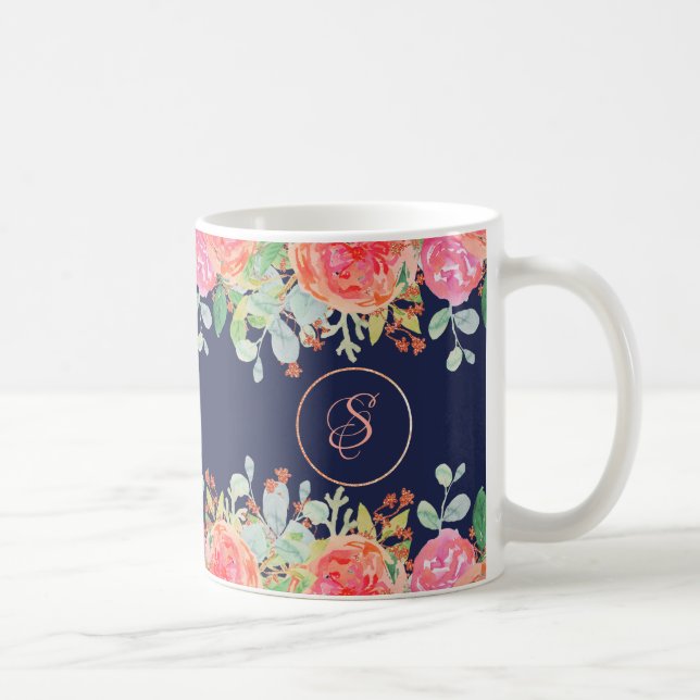 Watercolor Roses Floral Navy Coffee Mug (Right)