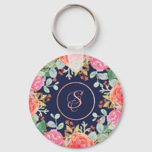 Watercolor Roses Floral Navy Glitter Monogram Key Ring