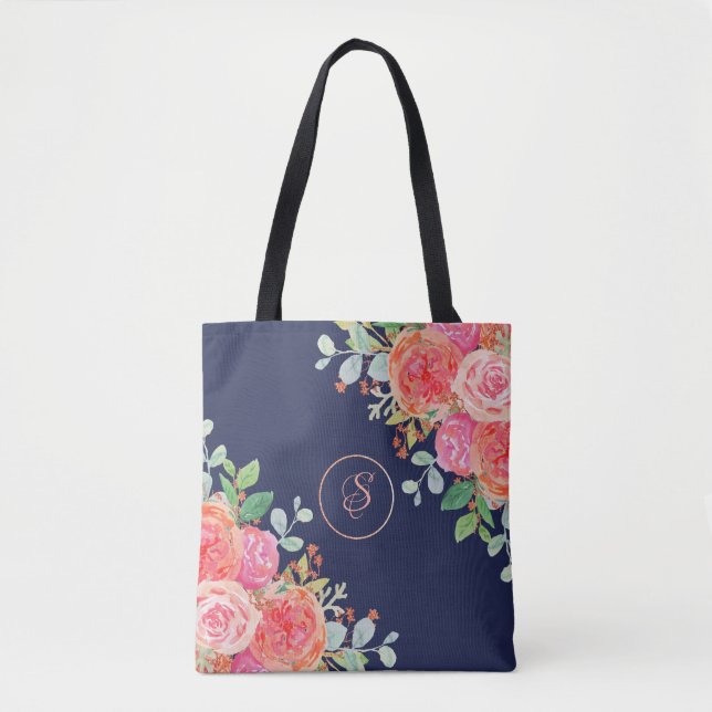 Watercolor Roses Floral Navy Monogram Tote Bag (Front)