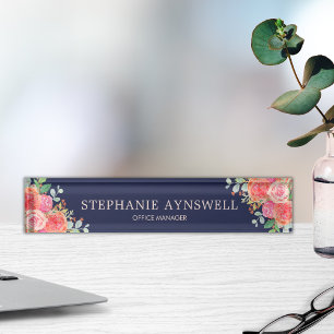 Watercolor Roses Floral Navy Rose Gold Glitter Nameplate