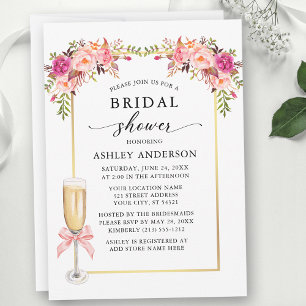 Watercolor Roses Floral Pink Bow Bridal Shower Invitation