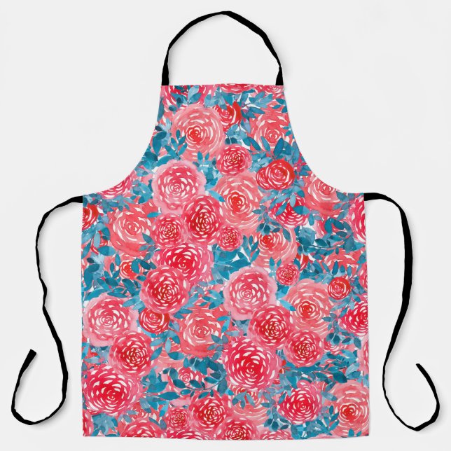 Watercolor Roses Floral Tapestry Apron (Front)