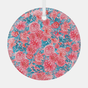 Watercolor Roses Floral Tapestry Glass Tree Decoration