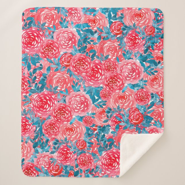 Watercolor Roses Floral Tapestry Sherpa Blanket (Front)