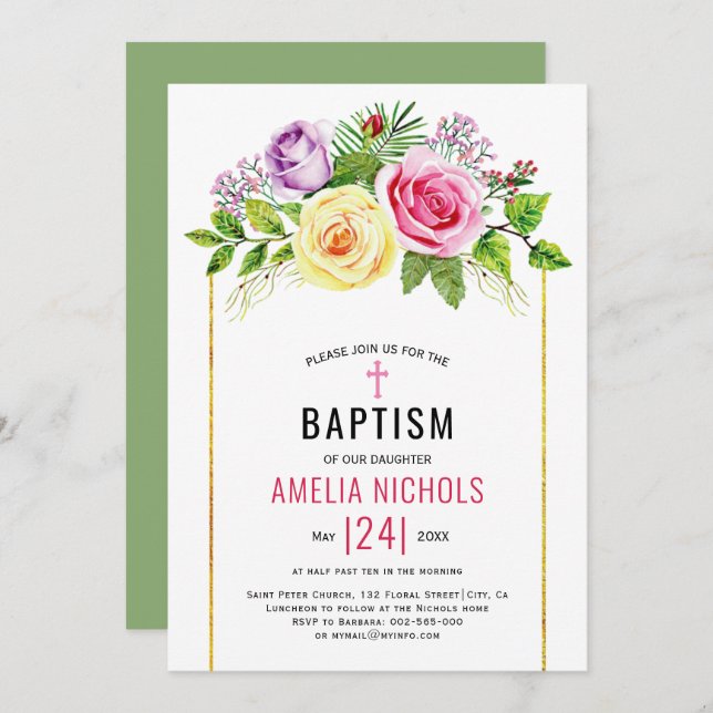 Watercolor roses floral wedding Baptism Invitation (Front/Back)