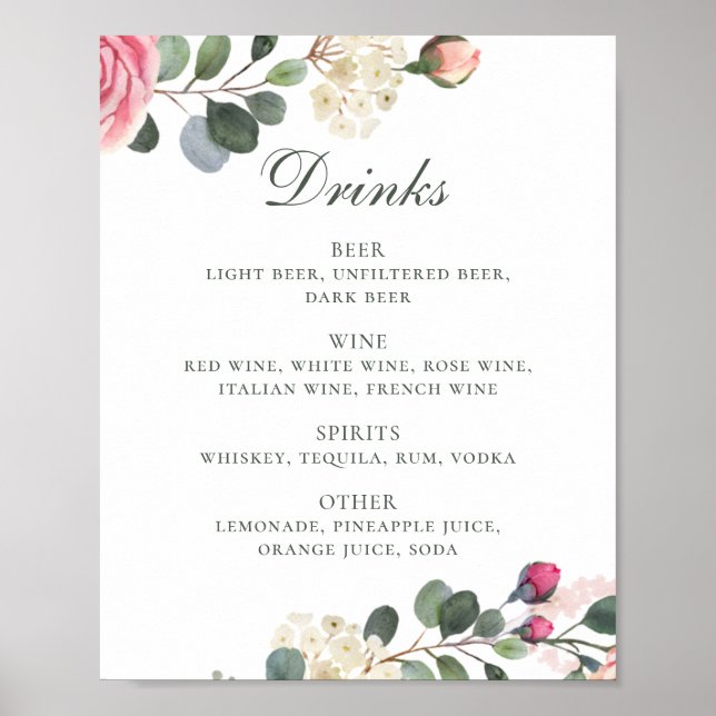 Watercolor roses. Floral wedding drinks bar menu Poster (Front)