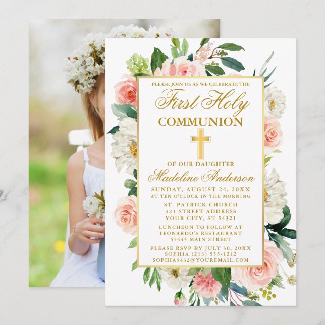 Watercolor Roses Flowers First Communion Photo Invitation (Front/Back)