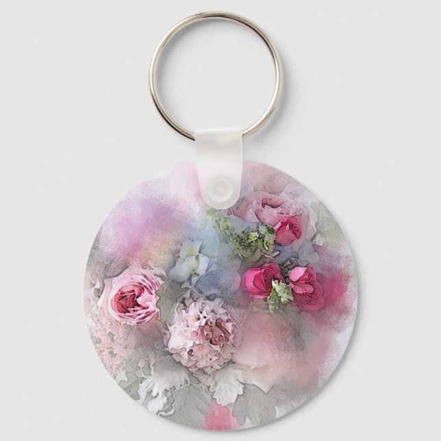 Watercolor Roses Flowers Floral Bouquet Template Key Ring (Front)