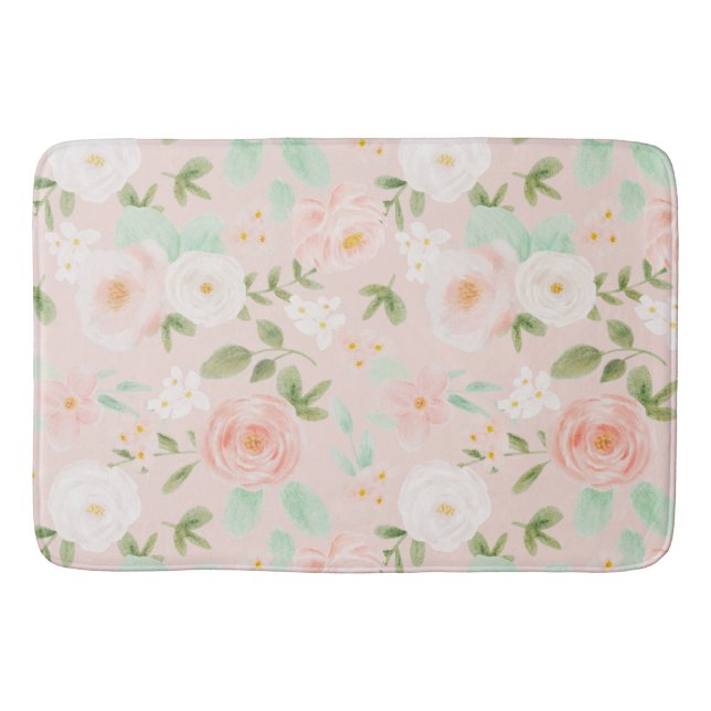 Watercolor Roses Flowers in Pink and Peach Bath Mat (Front)