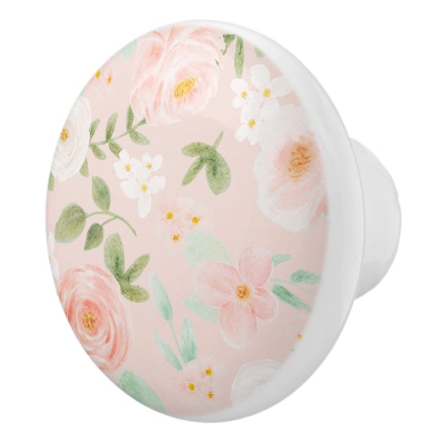 Watercolor Roses Flowers in Pink and Peach Ceramic Knob (Right)