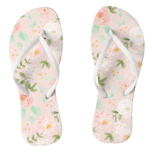 Watercolor Roses Flowers in Pink and Peach Flip Flops