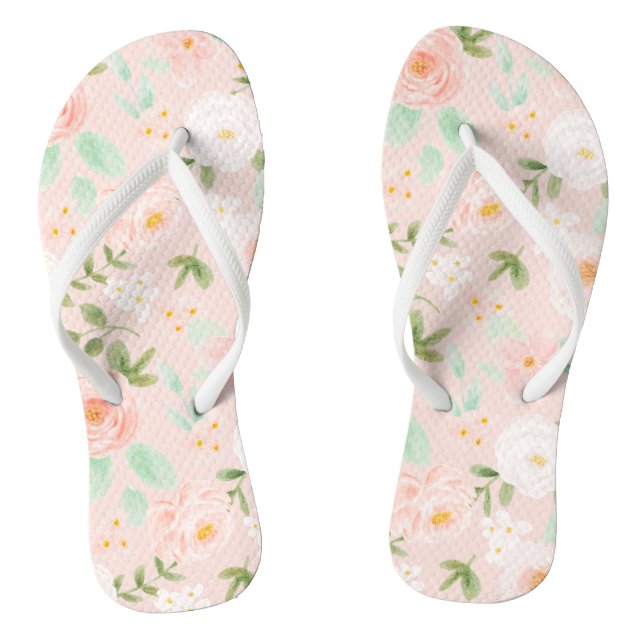 Watercolor Roses Flowers in Pink and Peach Flip Flops (Footbed)