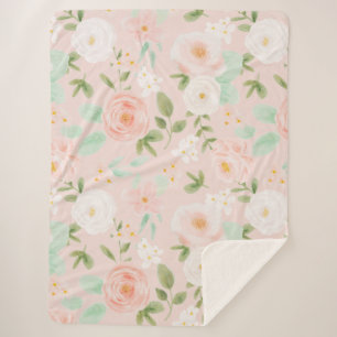 Watercolor Roses Flowers in Pink and Peach Sherpa Blanket