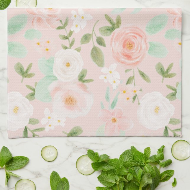 Watercolor Roses Flowers in Pink and Peach Tea Towel (Folded)