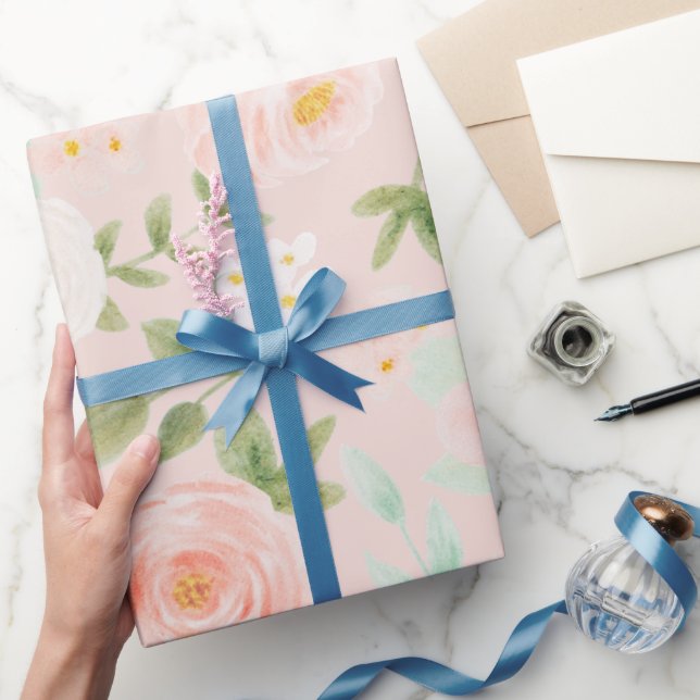 Watercolor Roses Flowers in Pink and Peach Wrapping Paper (Gifting)