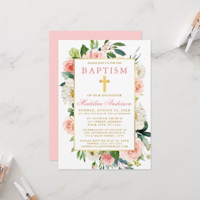 Watercolor Roses Flowers Pink Gold Baptism Invitation (Front/Back In Situ)