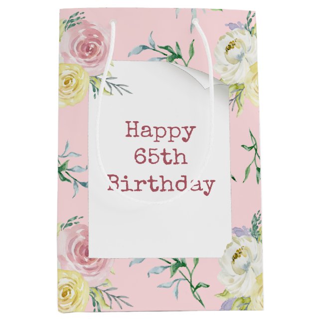 Watercolor Roses for 65th Birthday Medium Gift Bag (Front)