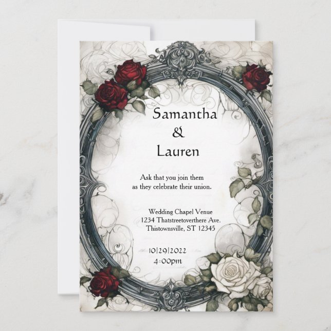 Watercolor Roses Framed Goth Wedding Invitation (Front)